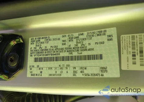 2015 Ford F-150 Lariat z USA, uszkodzony, nr VIN 1FTEW1EG8FFB94055